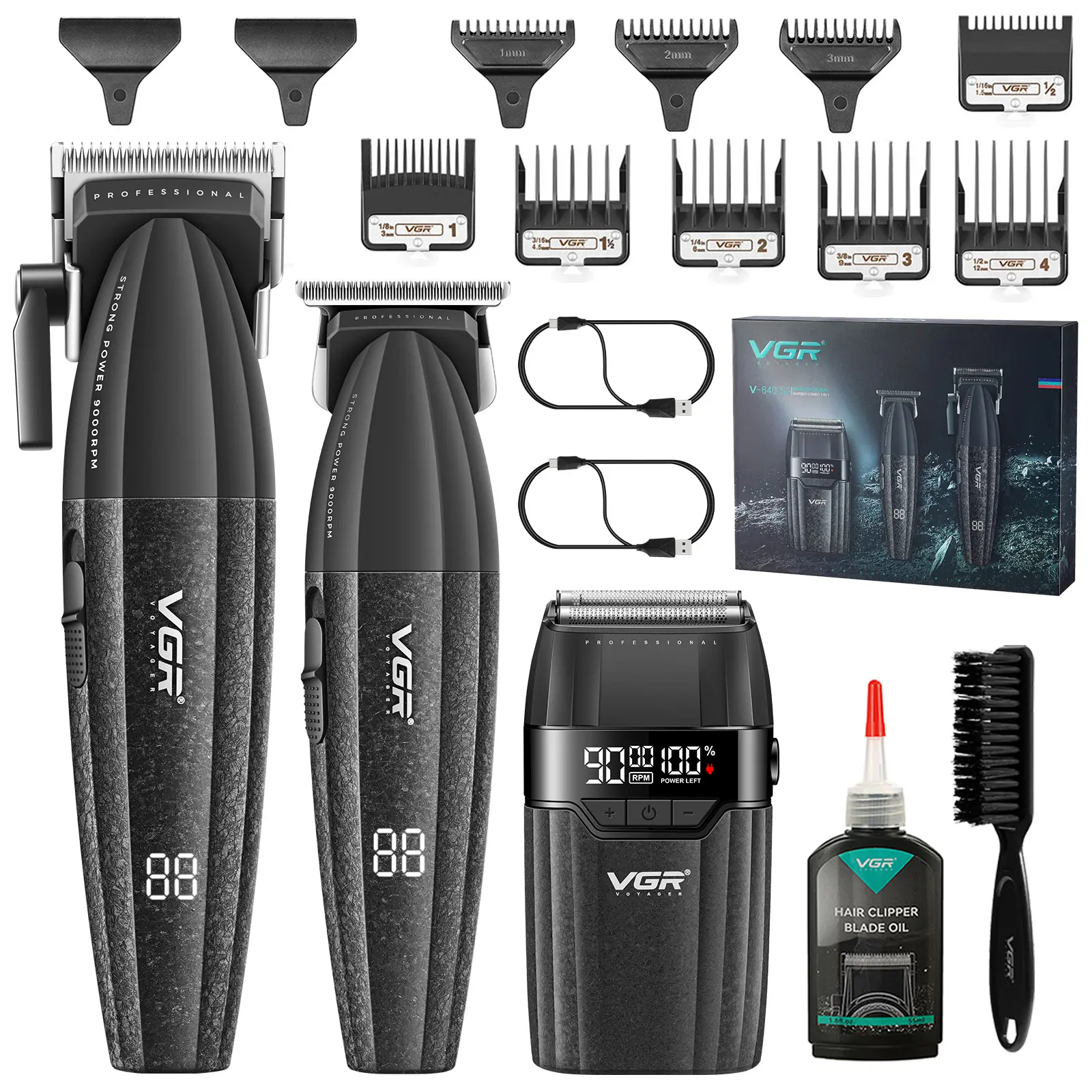 VGR 640S3 Professional 3-in-1 Cordless Grooming Kit for Men - Smooth, Lightweight, Adjustable Hair Clippers, 0-Gap T-Blade Trimmer, Foil Shaver, 9000RPM Motor for Barbers & Home Use