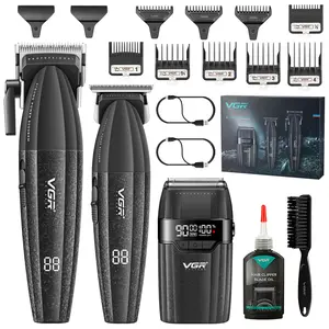 VGR 640S3 Professional Clippers and Trimmer Set for Men 3in1 Cordless Hair Clippers Hair Trimmer & Foil Shaver Kit Zero Gap T-Blade 9000RPM Motor Grooming Kit for Barbers and Home Use