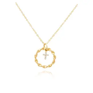 14K Gold Tiny Diamond Cross Nested in Braided Circle Necklace