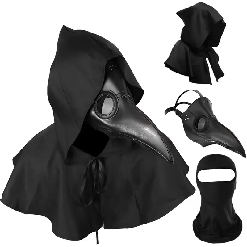 Men's 3-in-1 Plague Doctor Costume - Horror Mask, Spooky Beige-Black Plain Cloak Outfit, Adult Halloween Festive Party Accessory