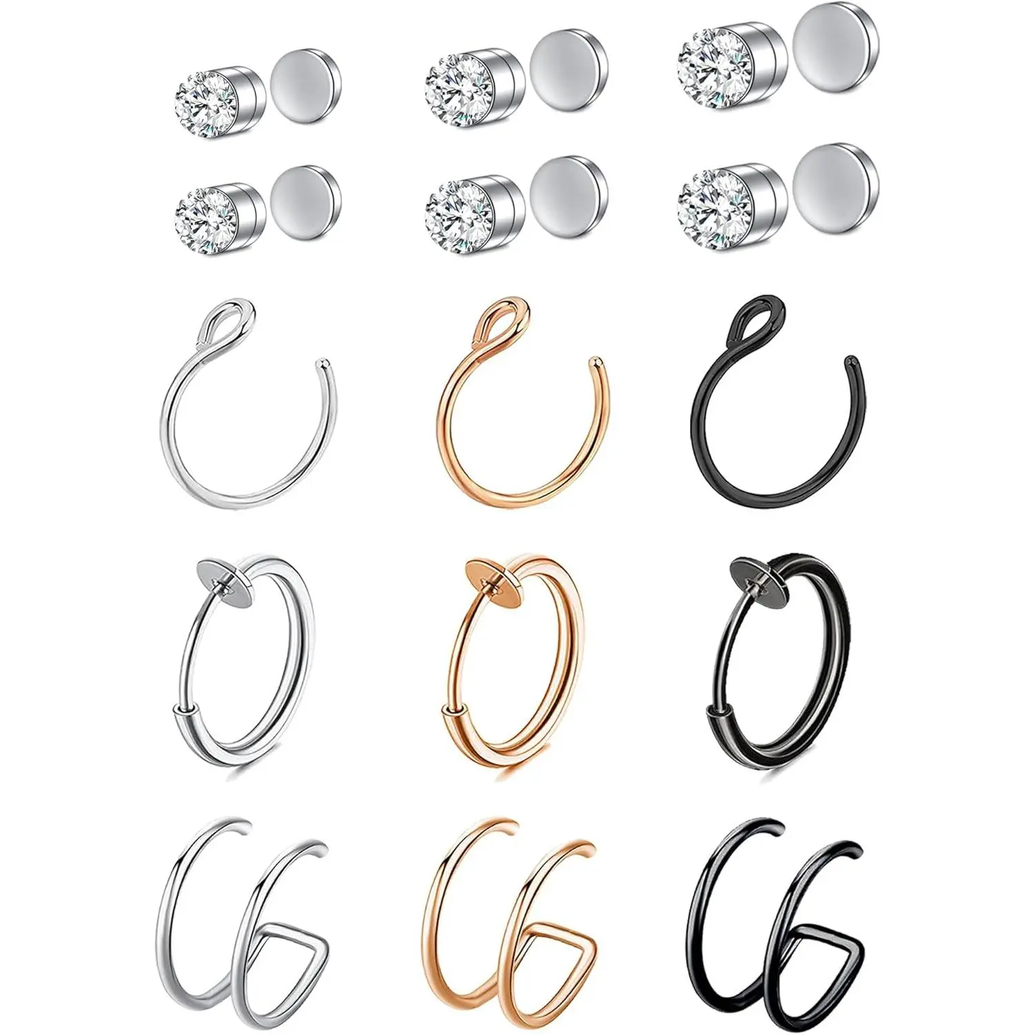 Fake Nose Ring Hoop Fake Nose Stud Magnetic Septum Nose Ring Stud Stainless Steel CZ Fake Nose Piercing Stud Faux Nose Ear Lip Cuffs Non Pierced Jewelry for Women Men