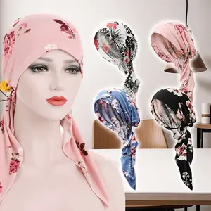 Women's 4-Pcs Polyester Pre-Tied Beanie Caps - Floral Design, Elastic Fit, Ruffle, Stretch Print, Hair Coverage Chemo Hats, Dust Protection Sleep Turbans (Home Care Supplies)