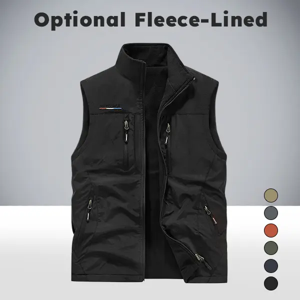 Men's Khaki Loose Basic Plain Tops Vest - Lightweight Windproof Fleece Polyamide Fabric Sleeveless Jacket, Stand Collar, Full Zipper, Multiple Zippered Pockets, All Seasons for Hiking, Commuting (Navy, Brick, Layer Option)