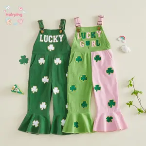 Baby Girl St. Patrick's Day Overalls, Lucky Clover Embroidered Flare Leg Bib Overalls, Cute Green & Pink Holiday Outfit for Toddler, Ideal for Parade & Daily Wear