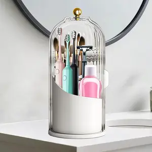 Toothbrush Holders with Sliding Lid, Rotating 3 Slots Bathroom Organizer Countertop, Tooth Brush Toothpaste Holder Bathroom Counter Stand Sink Organizer Caddy for Vanity Makeup Brushes Holder
