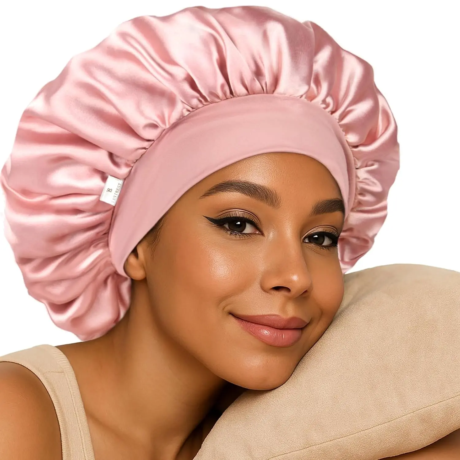 YANIBEST Certified Safe Satin Sleep Bonnet for Curly/Natural Hair & Weaves, Double-Layer Hair Protection Cap with Soft Elastic Band, Selfcare Bathroom Accessory