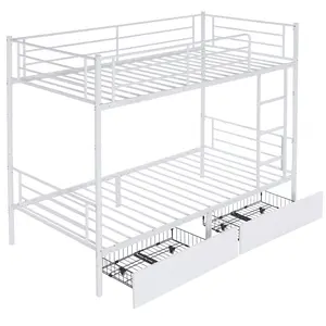 Twin Over Twin Convertible Bunk Bed with 2 Storage Drawers, Metal Bunk Bed Can be Divided Into Two Daybeds, White