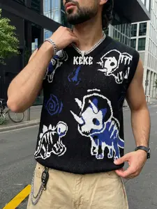 New Vintage Cartoon Dinosaur Print V Neck Sleeveless Knit Polyester Vest, Blue Colorblock Casual Streetwear, Comfortable Fashion Top, Man, Colorblock Vest Pullover, Fitted Vest Top