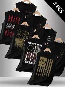 Men's 4 Pack Set Letter Flag Graphic Print Round Neck Sleeveless Fitted T-Shirt, Casual Comfortable Top for Summer Outdoor Fitness Sports Wear Athletic Sports Clothing Menswear Athletic Shirt, Sleeveless Workout Tops