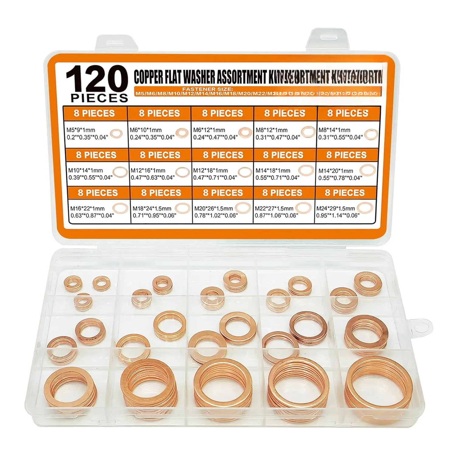 Copper Washers Assortment Kit, Crush Flat Washers for Oil Plugs, Drain Plugs, Banjo , Copper Sealing Washer Set with 15 Metric Sizes - 120 count- M5, M6, M8, M10, M12, M14, M18, M20, M22, M24