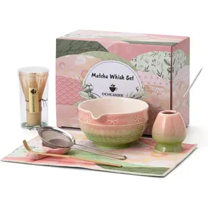 8 Pcs Japanese Matcha Tea Kit with Cherry Blossom and Wave Design Ceramic Bowl Bamboo Whisk Whisk Holder Scoop Sifter Brush for Matcha Lovers (Pink-Green)