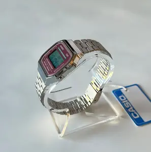 Ca-sio Vintage A168WA-5AY Maroon Watch Face Retro Digital Water Resistant Square Case Metal Band Classic Design with 1/100-Second Stopwatch & EL Backlight