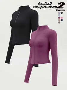 Women High Elastic Stand Collar Thumb Hole Slim Fit Workout Top, Breathable Yoga Shirt, Long Sleeve Tight Fitness Jacket, S-Xxxl，“Size Up for a Better Fit”