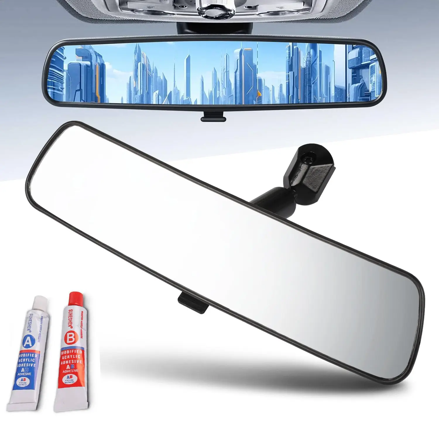 8 inch White Universal Car Interior Rear View Mirror, Adjustable Safety Mirror to Enhance Rear Visibility, Reduce Blind Spots, Fit Trucks SUVs Sedans Auto Inside Rearview Mirror