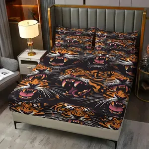 3Pcs Fierce Tiger Roaring Print Fitted Sheet Set, Bold Orange & Black Animal Pattern, Soft Breathable Bedding Set, Easy Care Machine Washable, Bedroom Decor, Includes 2 Pillowcases, No Pillow Core.