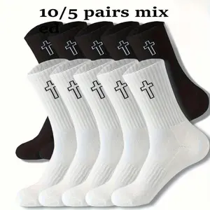 Unisex 10/5 Pairs Moisture-Wicking Socks Black White Crossover Stretchy Non-Slip Mid-Calf Cross Design for Daily Wear