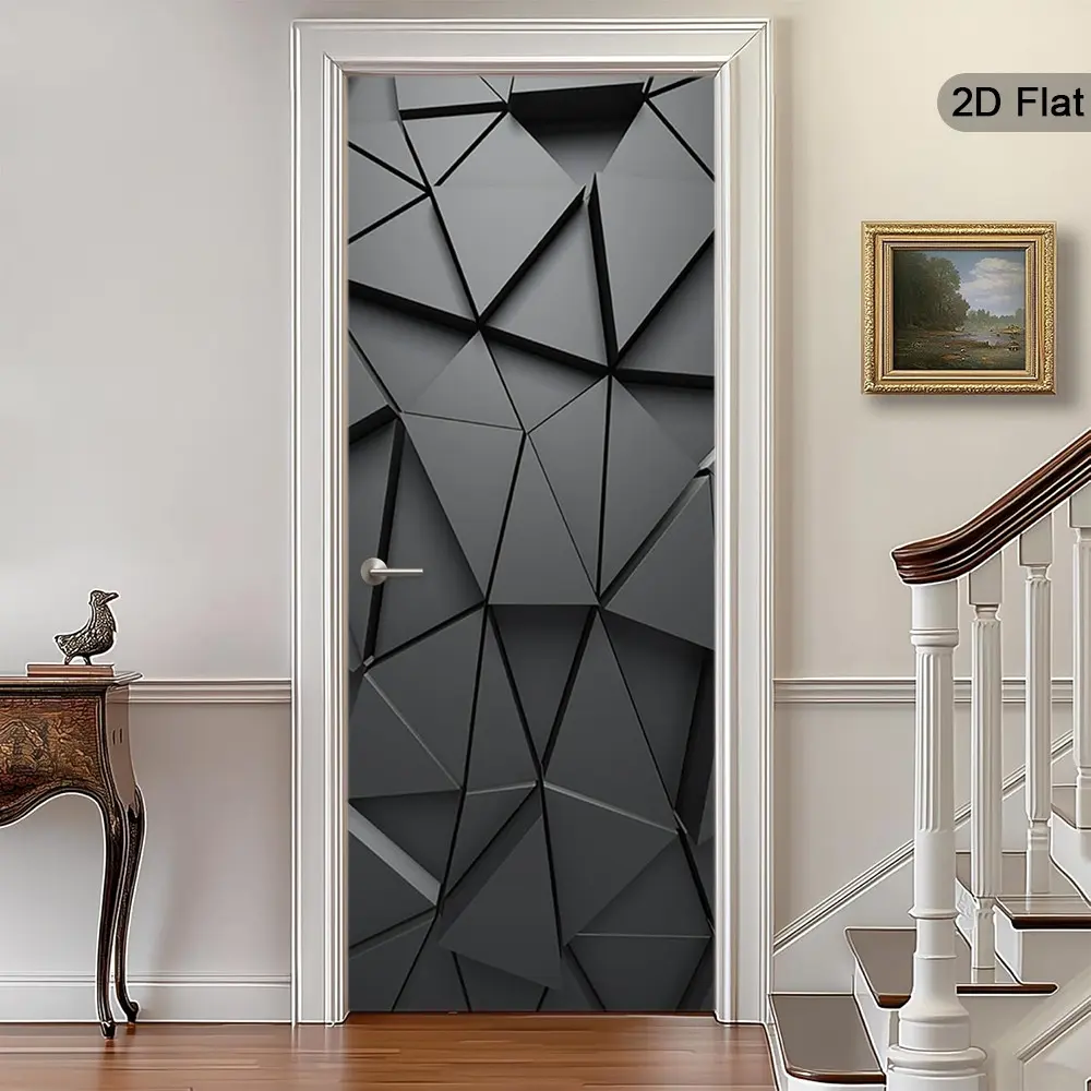 2D Flat Geometric Sticker Art, Geometric Pattern Sticker, Abstract Design Wall Decor, Modern Self-Adhesive Door Stickers, Dark Aesthetic Home Decoration