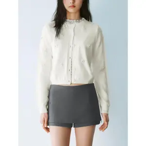 URBAN REVIVO 2026 Spring Women's Cropped Longsleeve Button-Front Basic Fit Knitwear Cardigan Top - Women's Clothes, Fashionable, Basic, Buttoned Styles, Lace Trim, Floral Applique, Beaded Mesh, Medium Acrylic Blend Fabric, Casual Solid, Fashionable Women'