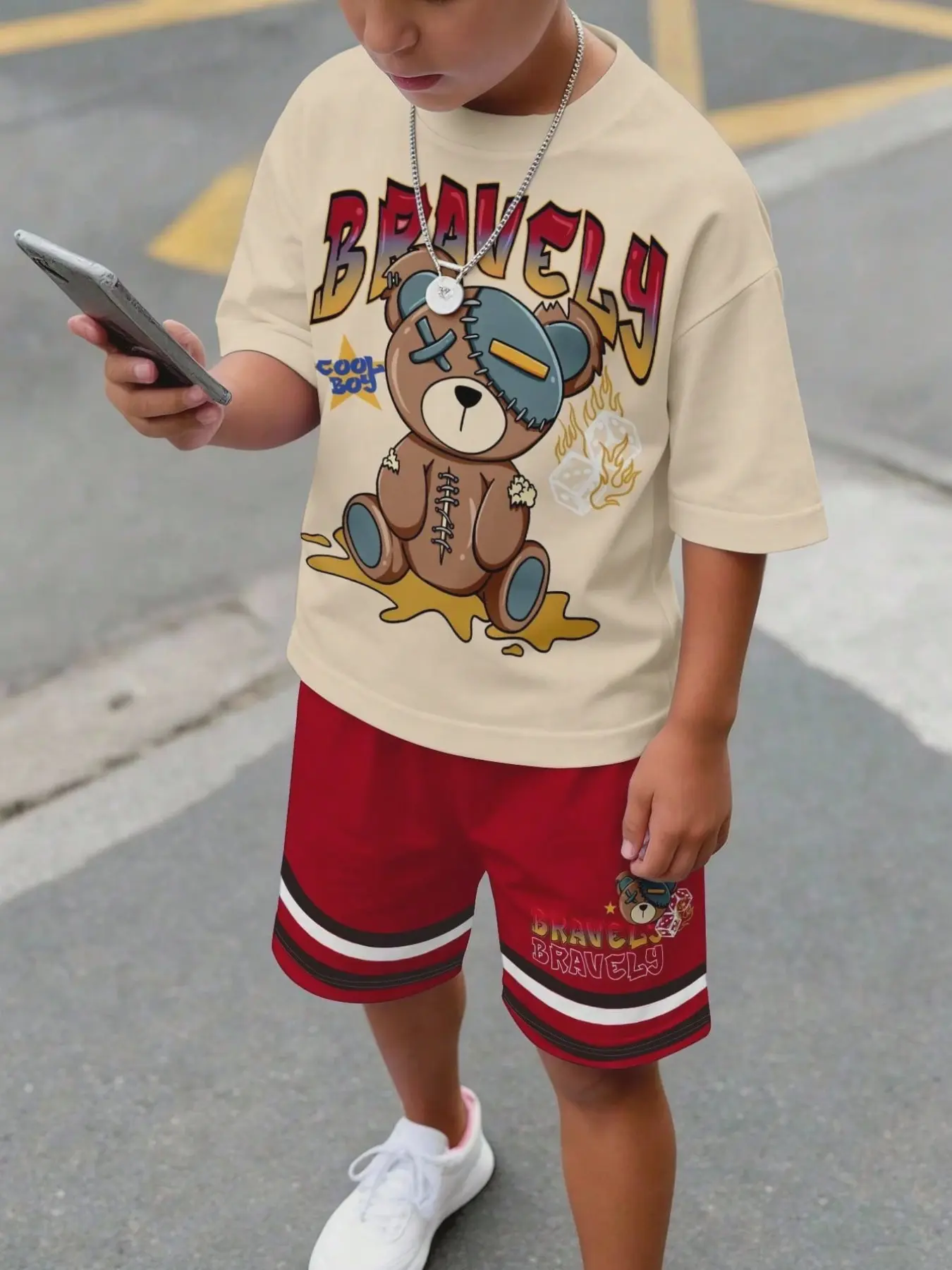 Boys' Trendy Cute Outfits, Stylish Bear and Letter Print Short Sleeve T-Shirt and Shorts Set, Casual Wear for Home & Outdoor