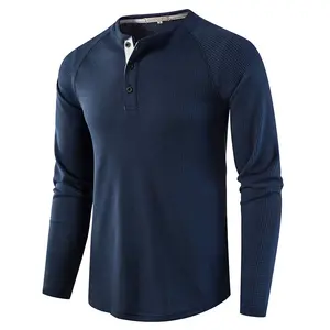Men's Solid Color Waffle Henley Shirt Men's Fashion Inner Wear Long Sleeve T-Shirt Breathable Cooling Henley Shirt