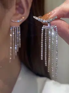 Fashion Trendy Jewelry Luxury Sparkling Rhinestone Decorated Bling Fringe Earrings, Elegant Water Drill Dangle Ear Studs for Women, Versatile Earrings, Fashionable Jewelry