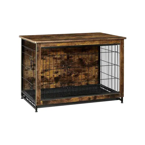 SONGMICS HOME Feandrea Rustic Finish Heavy-Duty Wooden Dog Crate Furniture - Indoor End Table Enclosure with Steel Frame, Removable Tray, Customizable Side Door, Left/Right Placement & Easy Assembly to Reduce Home Damage,familyfun