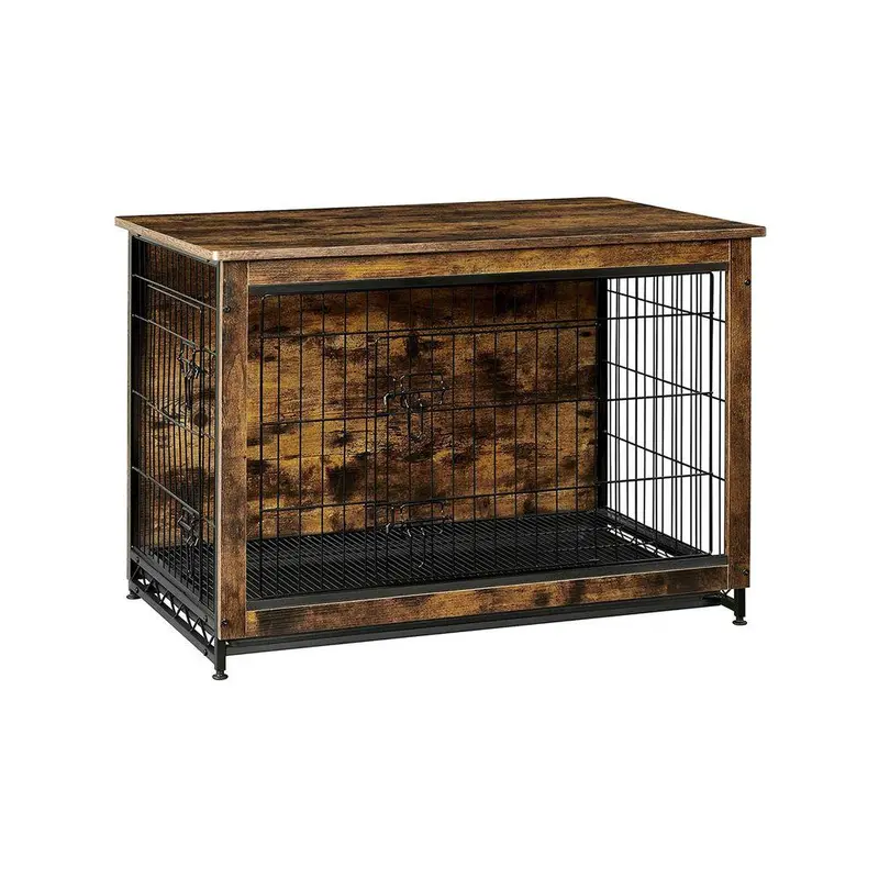 SONGMICS HOME Feandrea Rustic Finish Heavy-Duty Wooden Dog Crate Furniture - Indoor End Table Enclosure with Steel Frame, Removable Tray, Customizable Side Door, Left/Right Placement & Easy Assembly to Reduce Home Damage,familyfun