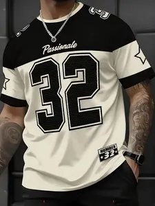 Men's Trendy 32 Number Jersey Short Sleeve T-Shirt, Gym Workout Tee, Street Style Loose Casual Top, Unique Digital Print Design, Daily Wear & Sports Leisure, Gym T Shirts