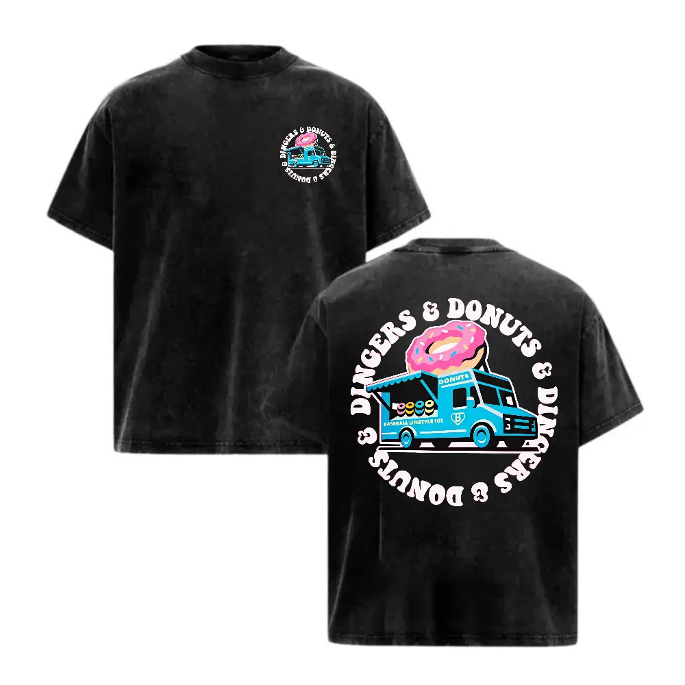 Unisex Dingers & Donuts Retro Distressed Print T‑Shirt with Pink Donut and Blue Food Truck Baseball‑Style Casual Graphic, Black Washed Vintage Finish, Short‑Sleeve Crewneck Cotton Top, Ideal for Casual Sports, Streetwear Enthusiasts and Daily Casual Wear