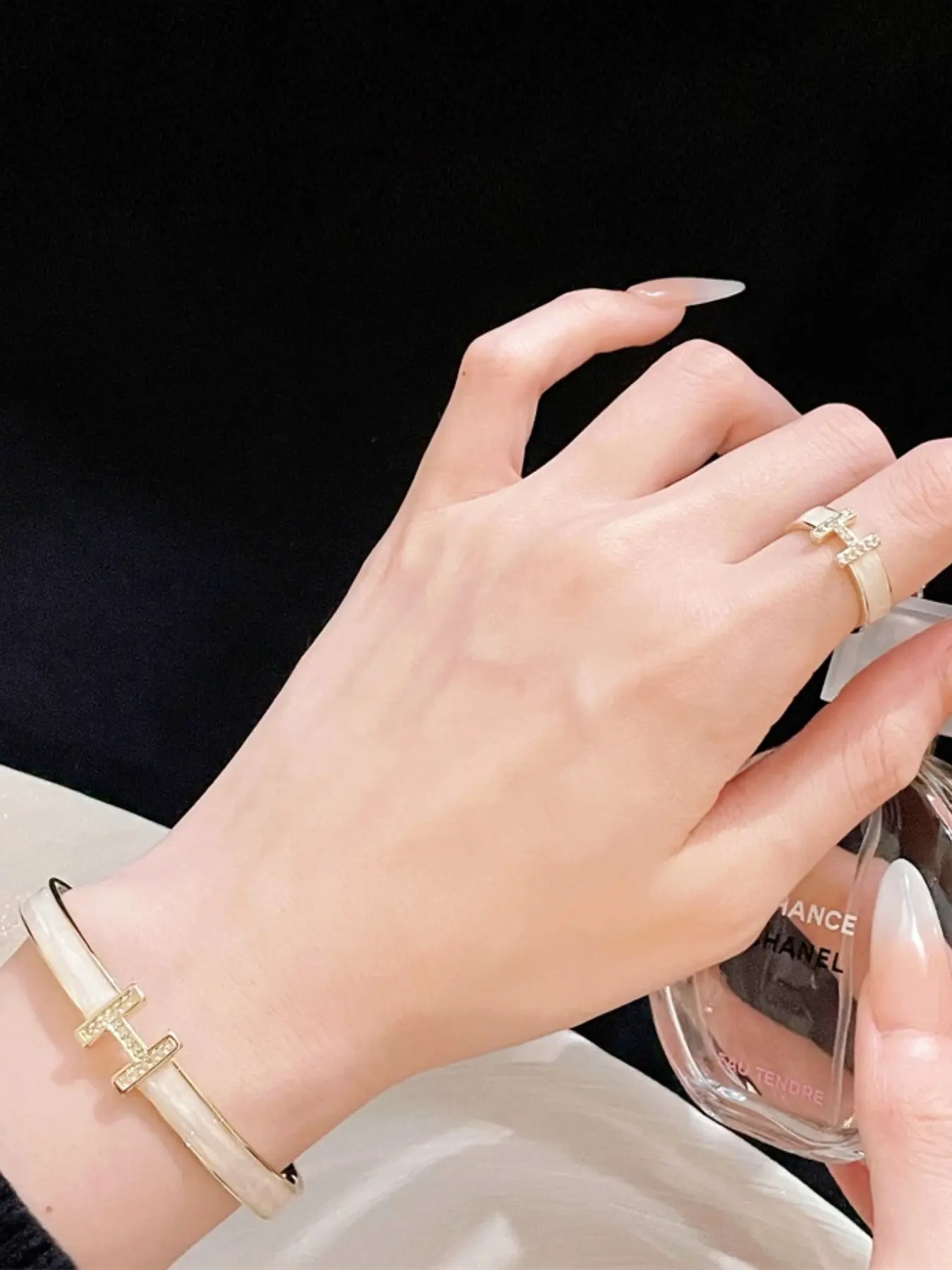 2 Piece Set Zircon Letter H Open Bangle + Zircon Geometric Cutout Open Ring, Stylish Jewelry for Women, Bracelet Ring Set, Perfect Gift Idea