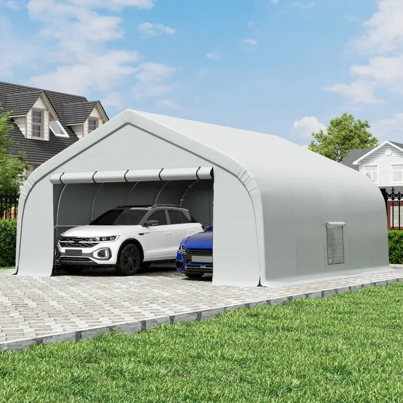 20x20 FT Portable Arc-Shaped Carport - Heavy Duty Waterproof Canopy with Sidewalls, Roll-Up Doors & UV Protection, All-Season Easy-Setup Outdoor Shelter for Car/Truck/Boat