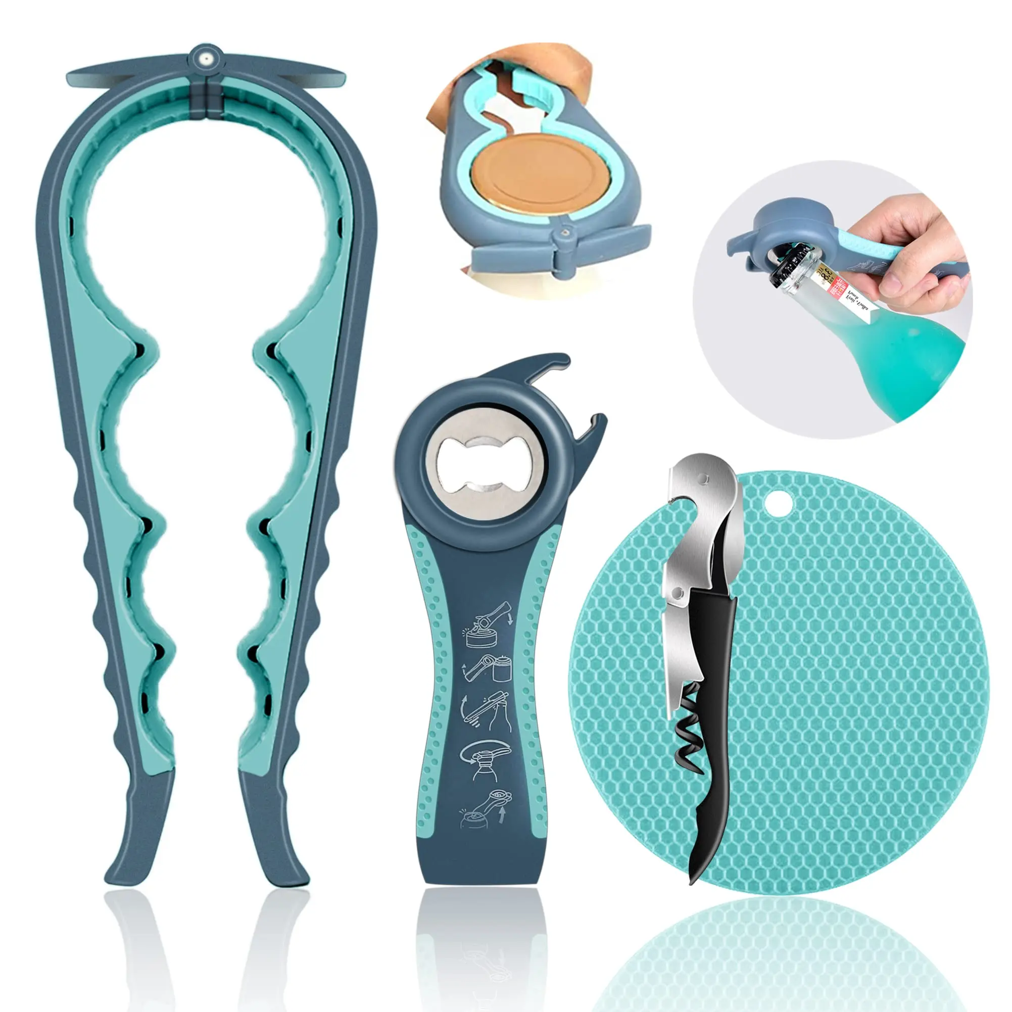 Jar Opener for Weak Hands, 5 In 1 Multifunctional Manual Opener for Seniors with Arthritis Kitchen Tools Set with Rubber Easily Open Bottle Adjustable Opener, Jars, Bottles, Pop-Top Cans, Lid Opener