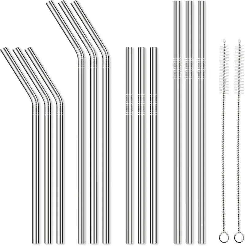 12 Pack Reusable Stainless Steel Metal Straws, 3 Straight + 3 Bent 10.5 Inch and 3 Straight + 3 Bent 8.5 Inch Metal Straws for 20 24 30 oz Tumblers Dishwasher Safe - 2 Cleaning Brushes Included