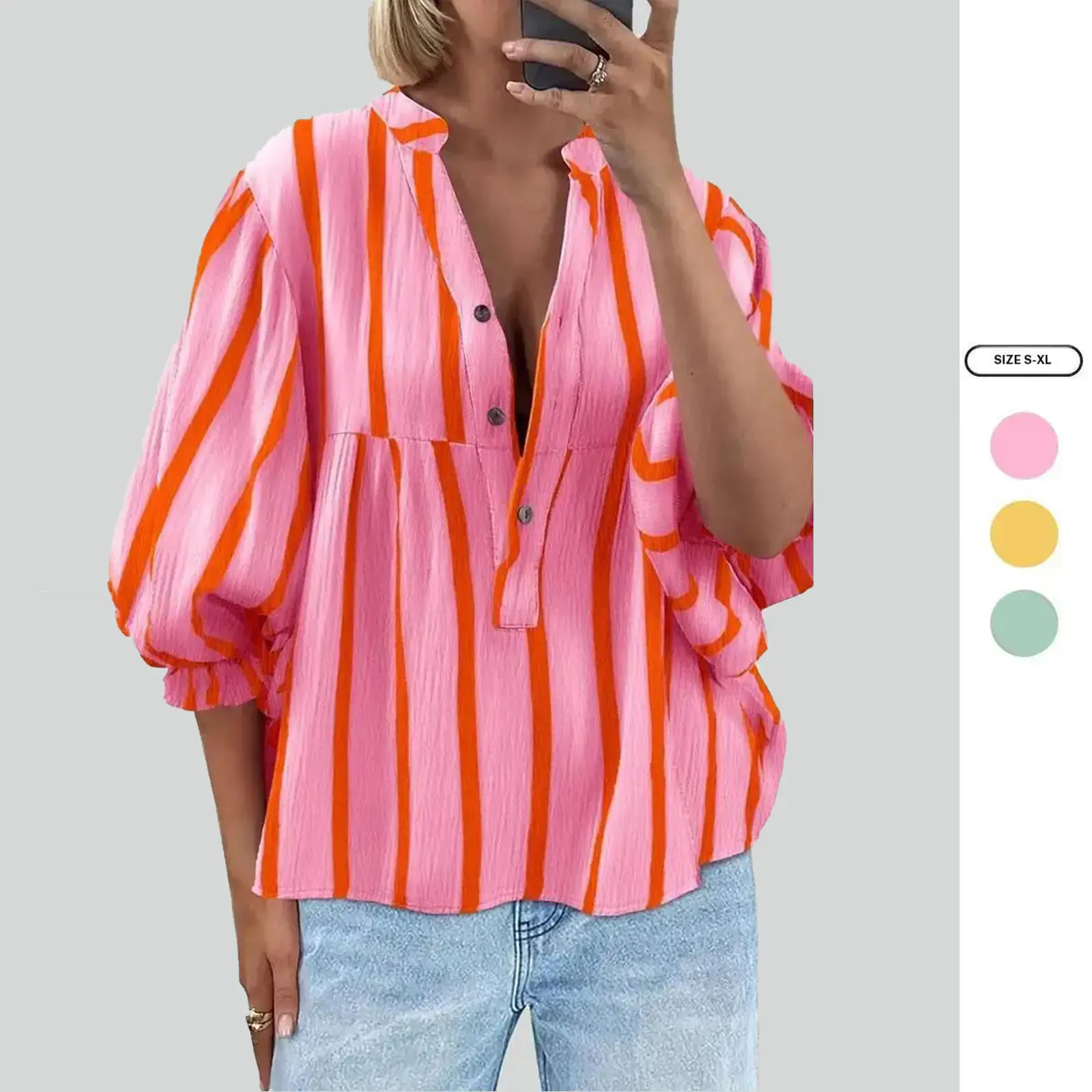 Imily Bela Womens Puff Sleeve Babydoll Tops Summer V Neck Striped Blouse Cute Casual Loose Fit Flowy Shirts