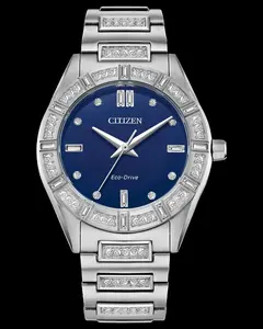 Citizen Silhouette Crystal Watch - Eco-Drive Blue Dial Stainless Steel Band Diamond Accents