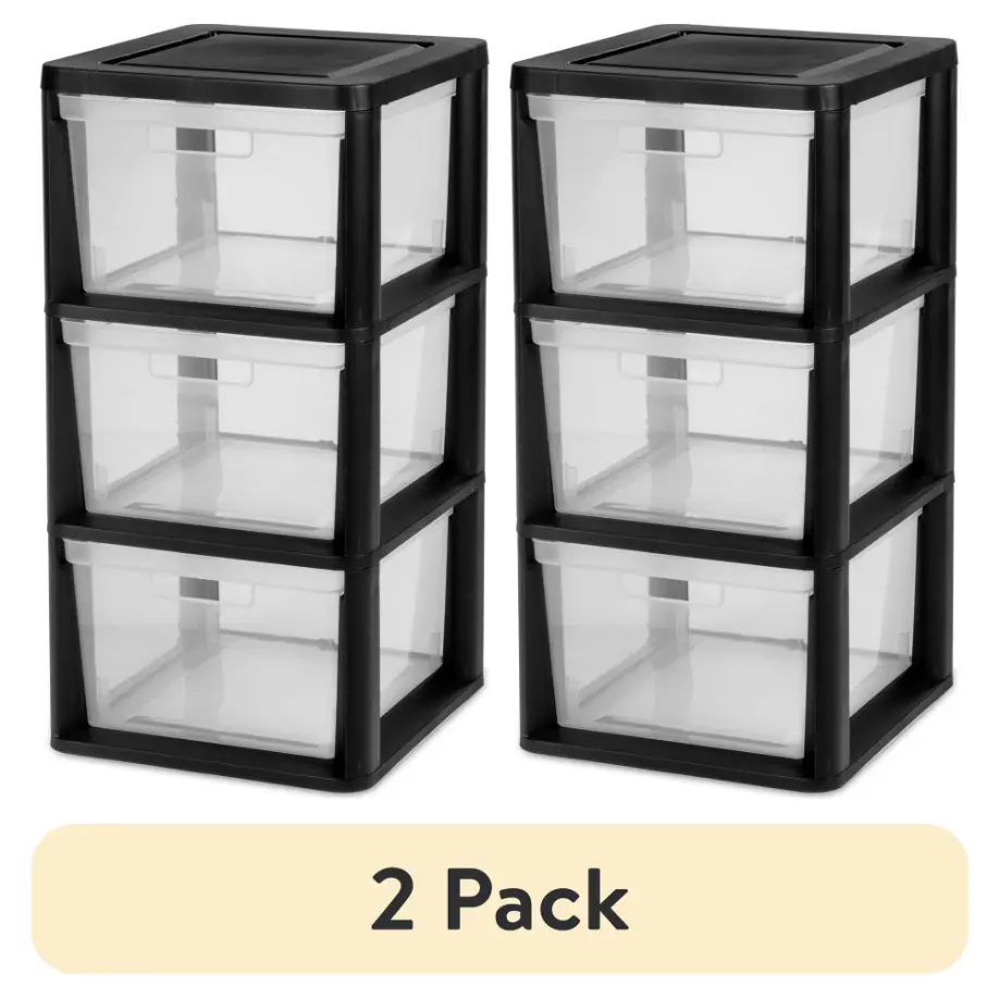 (2 pack) Sterilite 3 Drawer Tower, Plastic Storage Organizer with Removable Clear Bins, Easy Assembly, No Tools Needed, Black