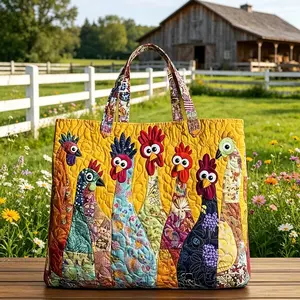 Boho Digital Printed Quilted Tote Bag with Cute Chicken Patchwork Design for Commuting Leisure Birthday Gifts Quilted Fabric Shoulder Bag for Grocery Travel & Daily Use,summervibes