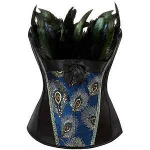 Elegant Peacock Overbust Corset Top for Women - Vintage Style Lace-Up Bustier with Detail, Deep Blue Satin & Polyester, Burlesque Halloween Costume, Non-Stretch Fabric