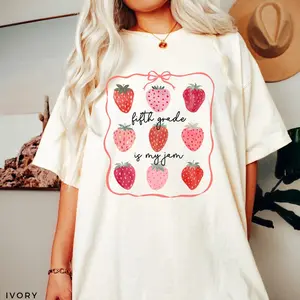 Comfort Colors Fifth Grade Teacher Shirt, Fifth Grade Is My Jam Shirt, 5th Grade Coquette Strawberry T-Shirt, Back To School Gift, Teaching Graphic Tees