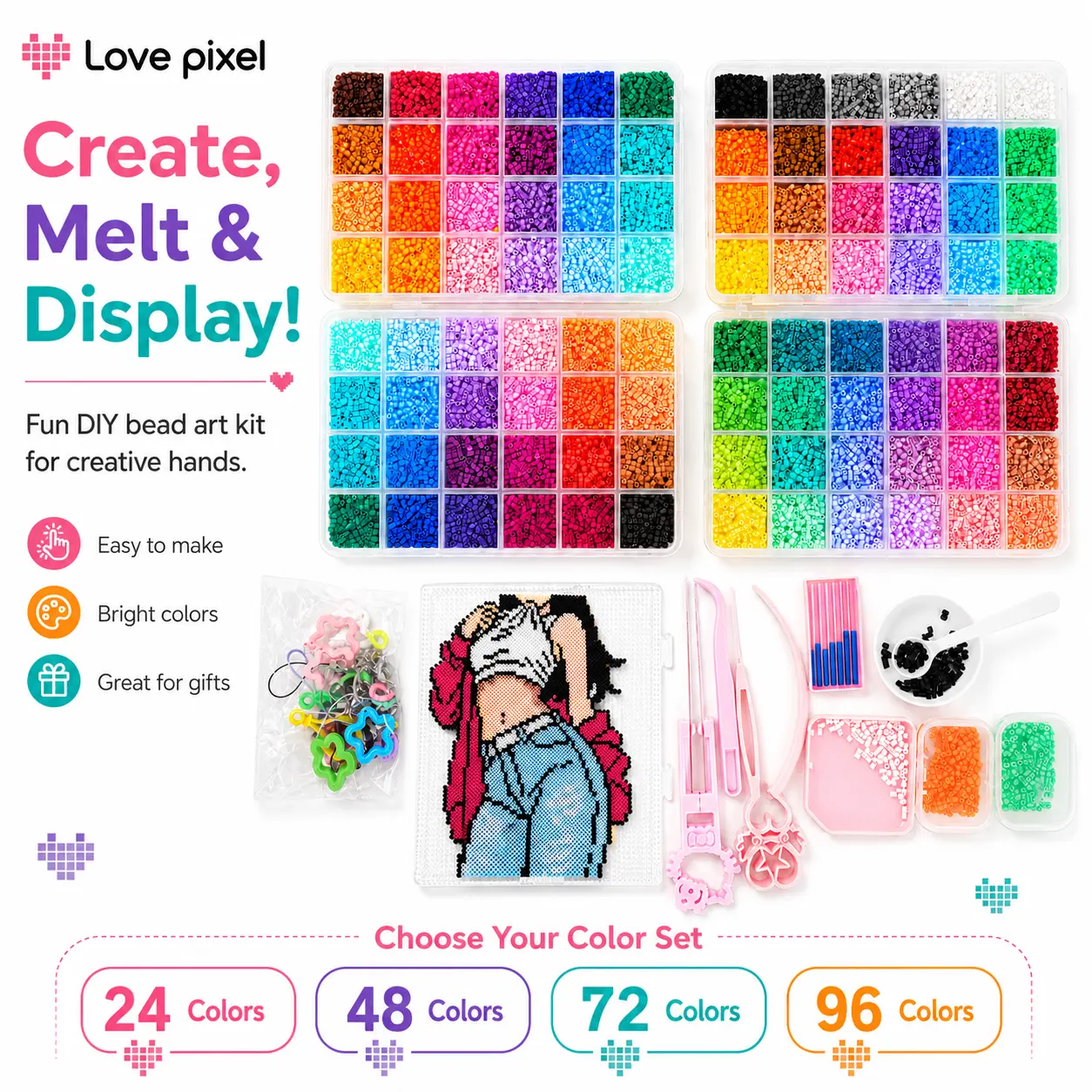 Love Pixel 2.6mm Plastic Beads Fuse Set (24/48/72/96 Colors) - Creative DIY 3D Pixel Puzzle Craft Kit with Nail Board, Ironing Paper, Tweezers, Beading Accessories for Costume Jewelry, Keychains, 3D Patterns, Birthday Gift Ideas, Mom Birthday Gifts