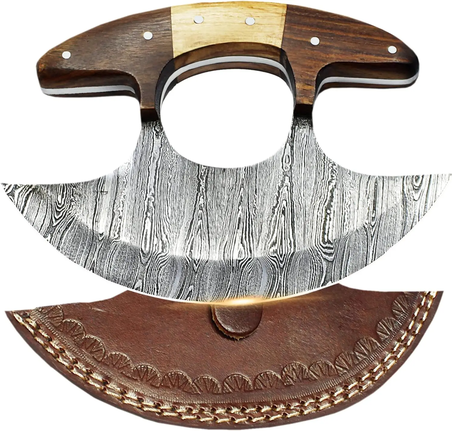 SHARDBLADE Alaskan Ulu Knife with Sheath, Handmade 5.8" Damascus Steel Pizza Cutter Rocker Knife Wooden Handle Premium Food Salad Chopper Knife
