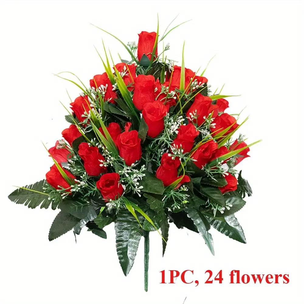 24-Head Artificial Rose for Cemetery Memorial, Durable Plastic, Outdoor Decoration, Thanksgiving & Anniversary Gift, Fresh