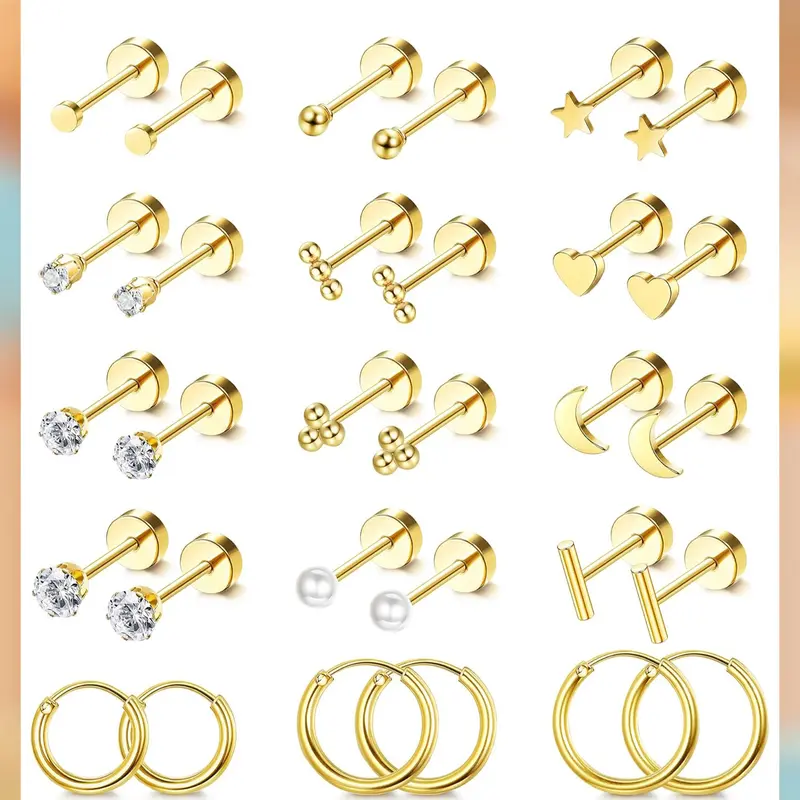 LOLIAS Hypoallergenic Stud Earrings Stack - 14K Gold Plated Surgical Stainless Steel, Tiny Flat Back Screw Back, Heart Shape Gold Cubic Zirconia, for Sensitive Ears Piercing
