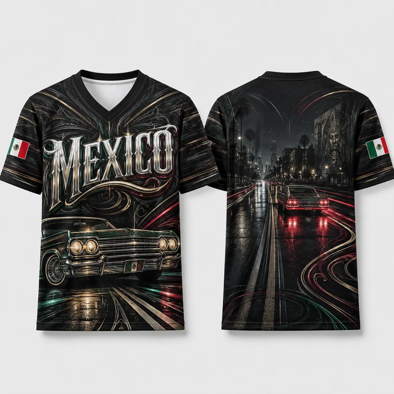 Men's Lightweight Sporty Chic Mexican-Inspired Black Lowrider V-Neck Graphic Street Wear Shirt - Classic Car Night Print, Short Sleeve Male Casual Sports Top for Parties, Car Meets, All-Over Print, Night Street Print tiktokshopbacktoschool