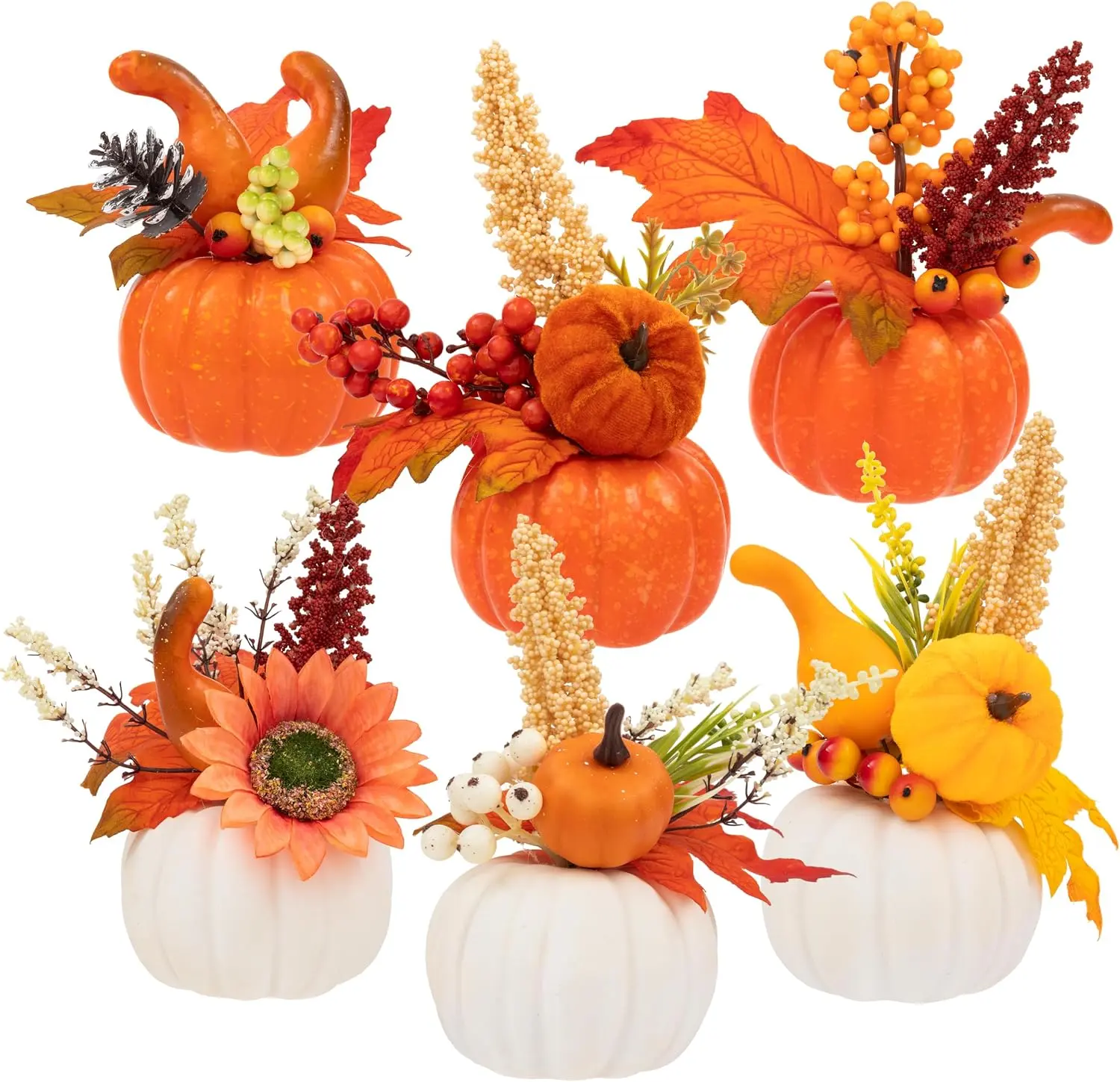 Set of 6 Artificial Pumpkins Decorations Small Mini Pumpkin | Fall Pumpkin Decor, Thanksgiving Harvest Decorations, Autumn Tabletop Centerpiece for Home, Mantel, Shelf and Party Display