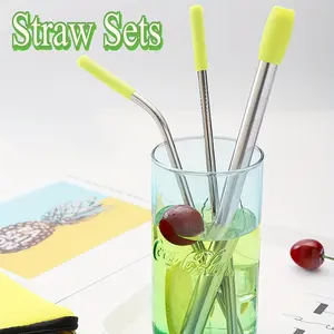 5pcs Set Stainless Steel Straws, Reusable Metal Straws With Silicone Tips, Sturdy Bent Straight Drinks Straw, Food Grade Straw, With 3pcs Straws, 1pc Cleaning Brush And 1pc Bag, 8inch