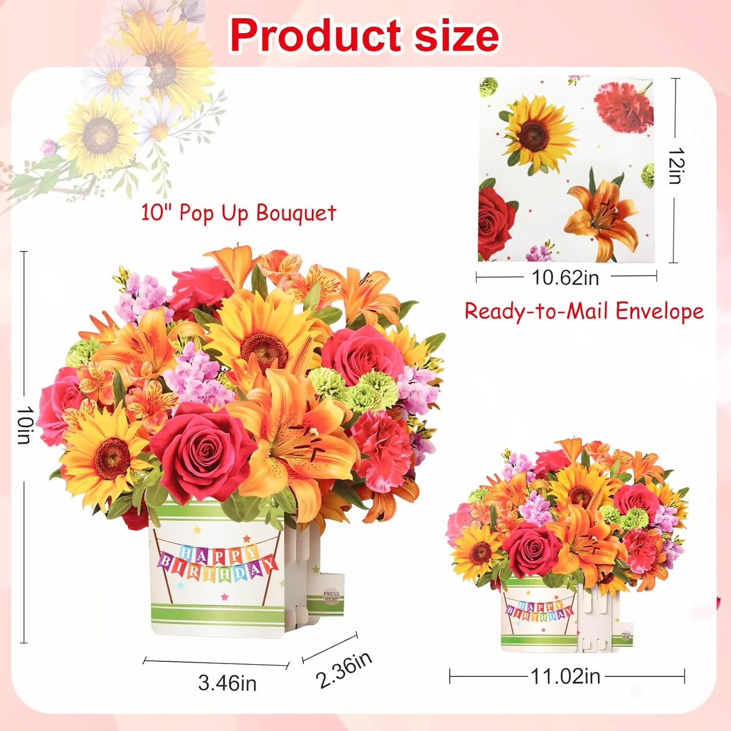 10in Life-Sized Forever Sunflower Bouquet 3D Popup Office Stationery Card with Light & Music, Custom Message Birthday Card for Women - Wife, Mom, Custom Message Card