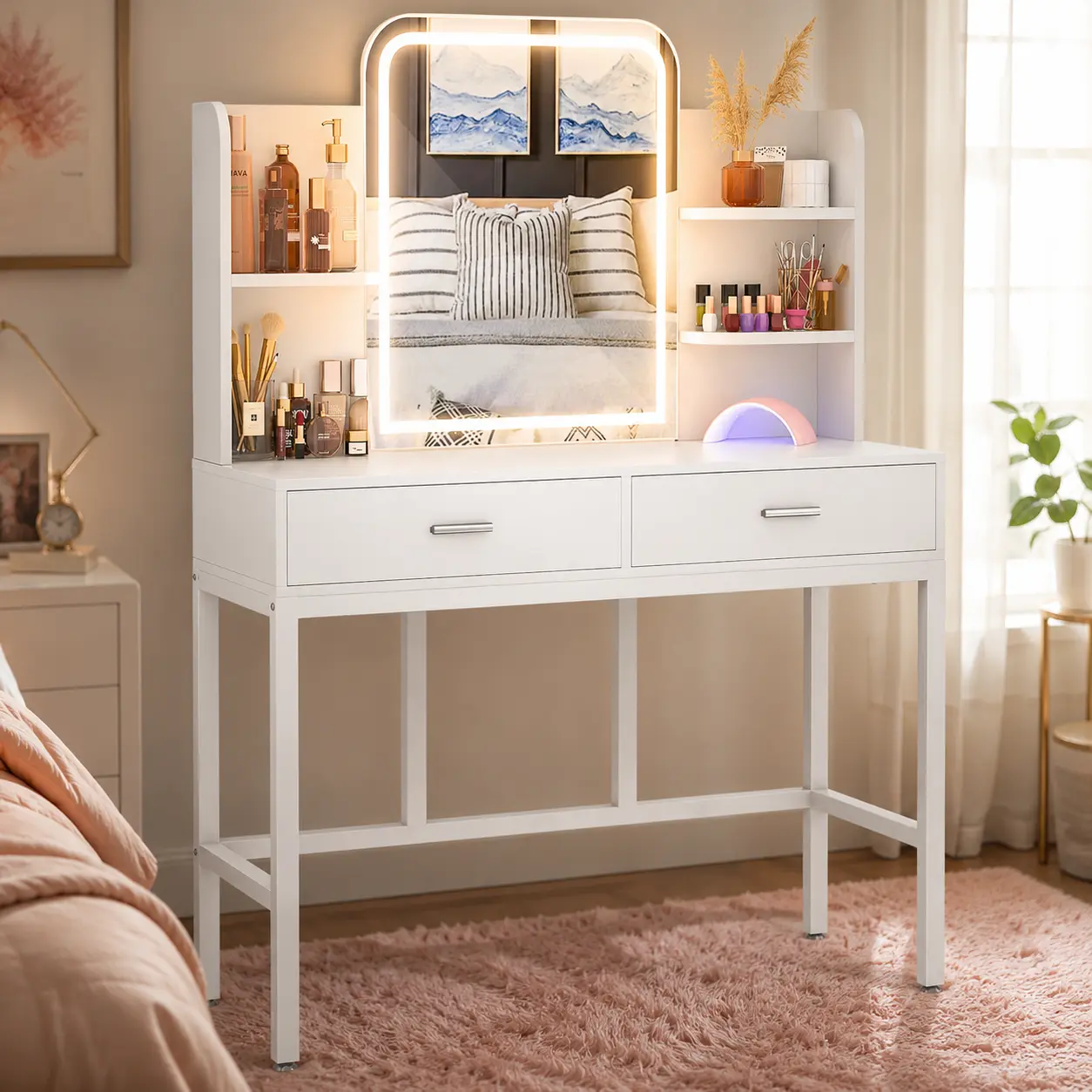 Armocity Vanity Desk White Makeup Vanity Desk with Mirror LED Light Makeup Vanity Table with 2 Storage Drawers and Open Shelves