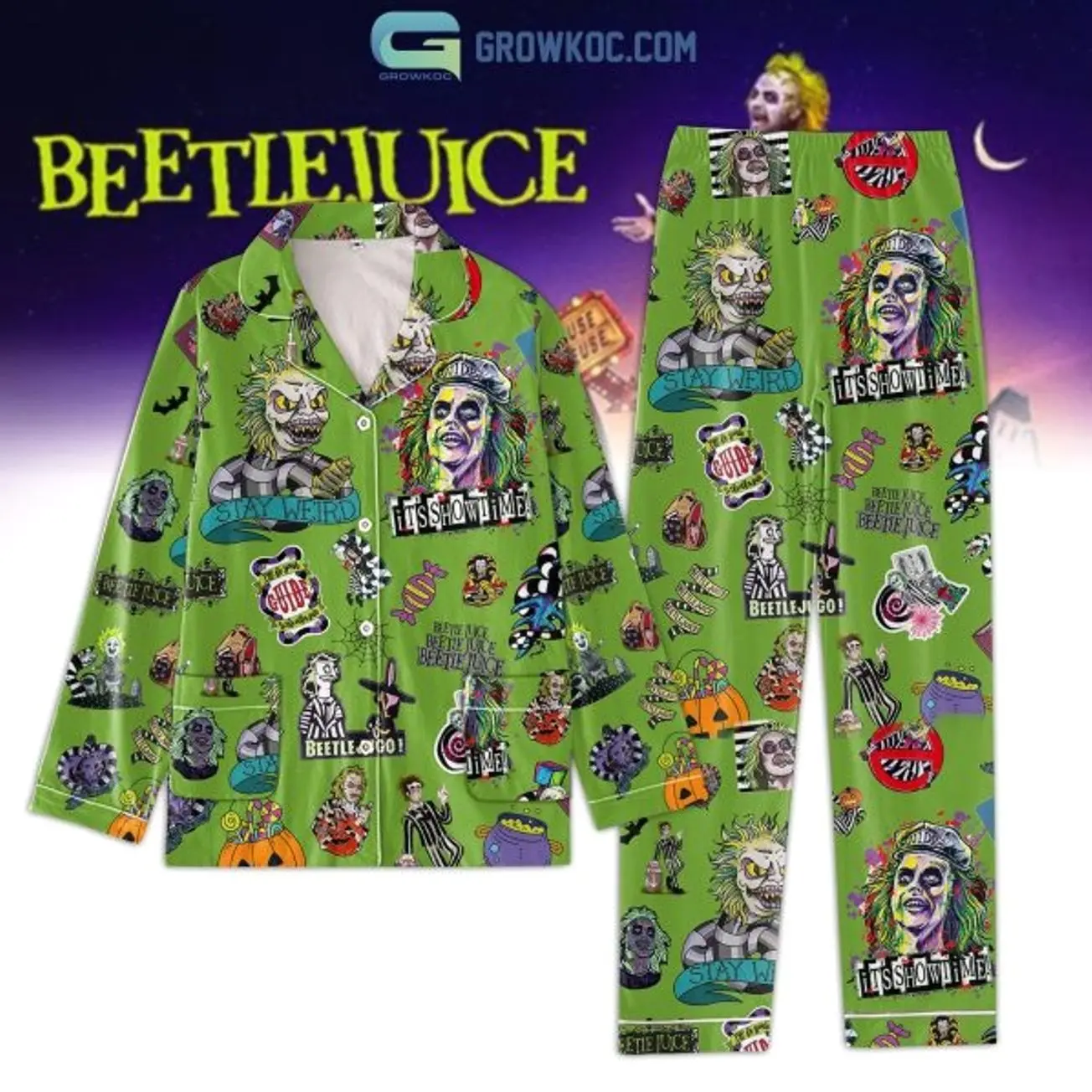 Beetlejuice It’s Show Time Green Design Pajamas Set