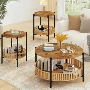 AWQM 3-Piece Rattan Coffee Table Set, 2-Tier Round Boho Style Tables with Metal Frame, Living Room & Bedroom Decor, Side & End Tables Waterproof Wine